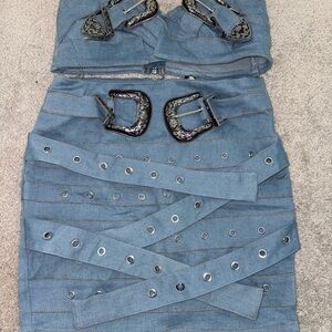 Stylish Blue Two-Piece Set with Buckle Details